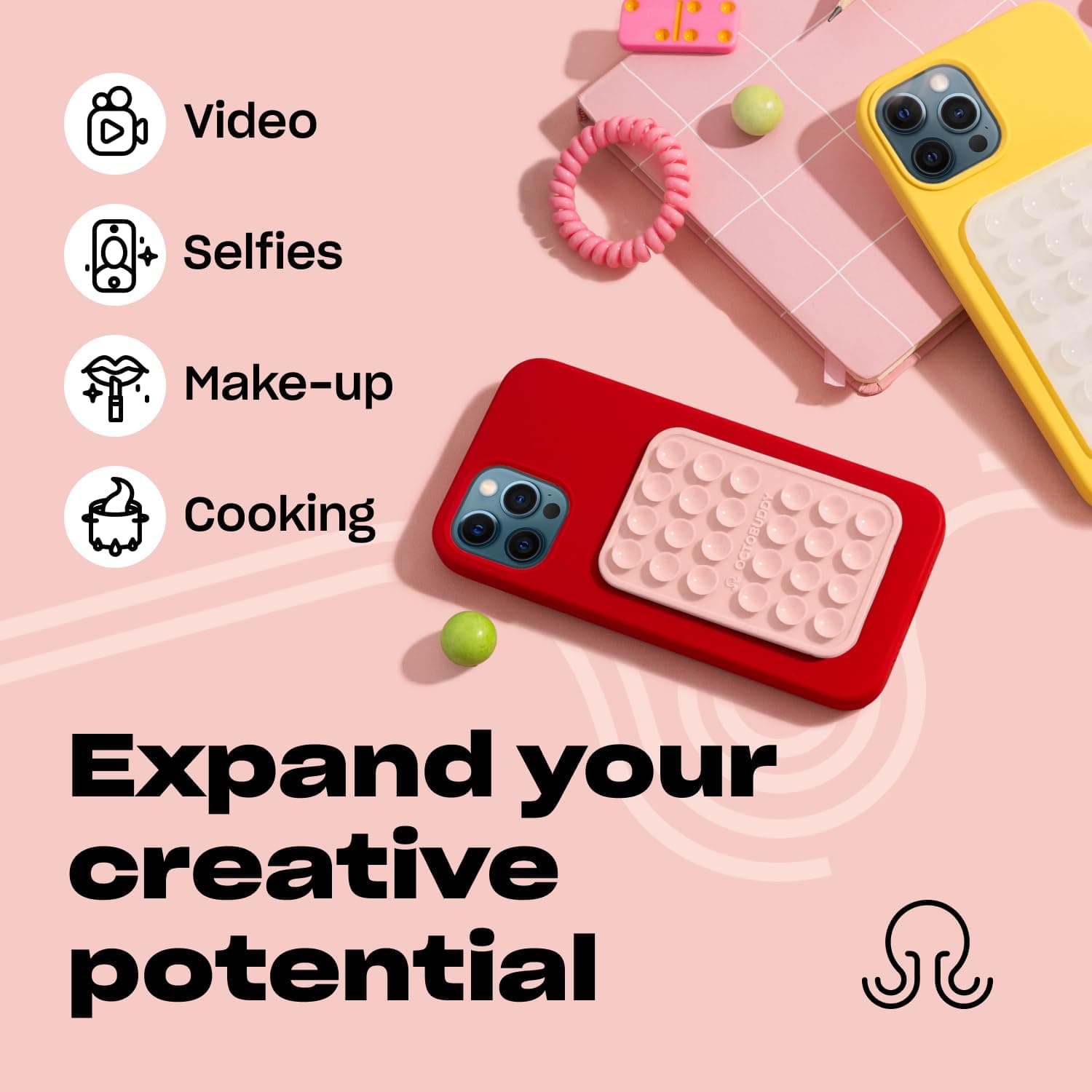 OCTOBUDDY - Funda de silicona con ventosa para teléfono con soporte calcomanía, manos libres, fuerte agarre para selfies y videos, duradero, fácil de usar, compatible con iPhone y Android, 2.25 x 3.25 thumbnail 5