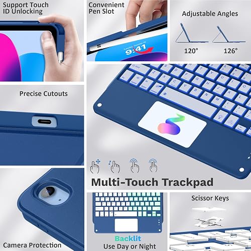 MoKo Touch Keyboard Case for iPad (A16) 11th Generation 11 inch 2025, iPad 10th Generation 10.9 inch Case with Pencil Holder, 7 Colors Backlit Multi-TrackPad Detachable Bluetooth Keyboard, Navy Blue thumbnail 3