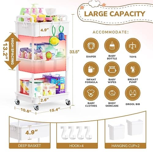 Goovilla Diaper Cart with Lockable Wheels and Easy Assembly, 3 Tier White Rolling Cart for Baby Nursery Storage, Sturdy Ample Diaper Caddy Organizer for Baby Girl, Boy, New Mom, Newborn Essentials thumbnail 2