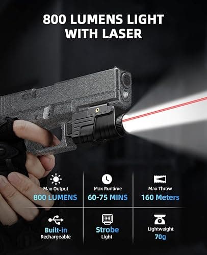EZshoot Light Laser Combo Rechargeable, Compact Flashlight with Slidable Rail Compatible with G-Lock and Picatinny Rail, Flashlight with Red Laser Beam thumbnail 2