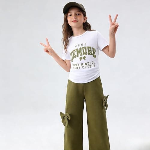 Zylvae Girls 2 Pieces Outfits Graphic Letter Print Crop Top & Bow Wide-Leg Pants Girl Clothes Set 8-13 thumbnail 4