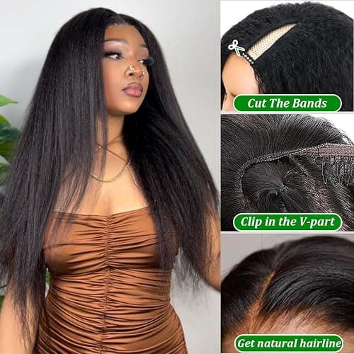 Forevermore Yaki Straight V Part Wig Human Hair Kinky Straight Vpart Human Hair Wig For Black Women 16 Inch Upgrade Glueless U Part Wig Half Wigs Clips In No Leave Out 180% Density Natural Color thumbnail 2