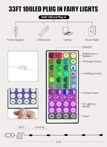 Minetom Upgraded Color Changing Fairy String Lights - 33 ft 100 LED 24 Colors USB Silver Wire Lights with Remote and Timer for DIY Bedroom Party Indoor Christmas Decoration, Adapter Included thumbnail 5