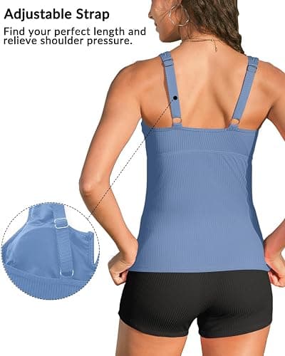 Daci Womens 2 Piece Tankini Swimsuits - Tummy Control Bathing Suit with Shorts V Wire Tankini Top Ribbed Swimwear thumbnail 4