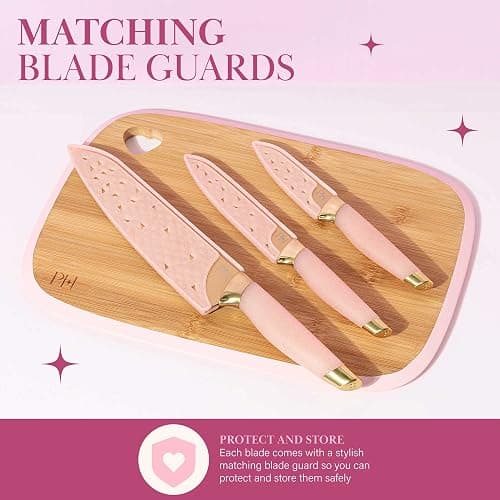 Paris Hilton Bamboo Cutting Board for Kitchen, Reversible Cutting Board and Cutlery Set with High Carbon Stainless Steel Knives and Blade Guards, Comfortable Handle Grips, 7-Piece Set, Gold and Pink thumbnail 6