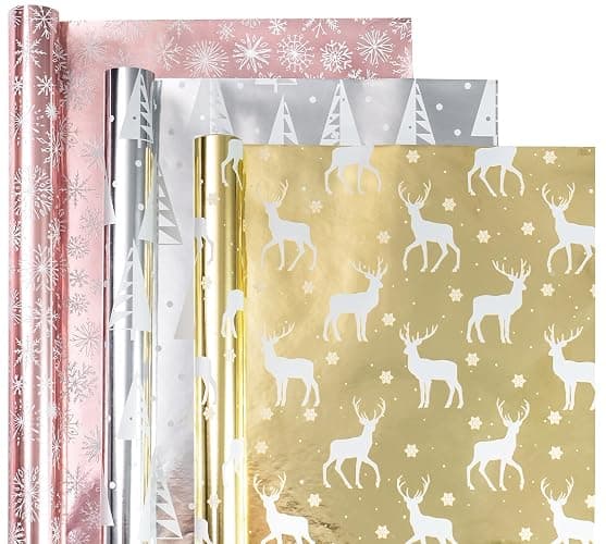 WRAPAHOLIC Christmas Wrapping Paper Roll - Mini Roll - 3 Rolls - 17 Inch X 120 Inch Per Roll - Christmas Tree, Reindeer, Snowflake Holiday Collection with Metallic Foil Shine thumbnail 2