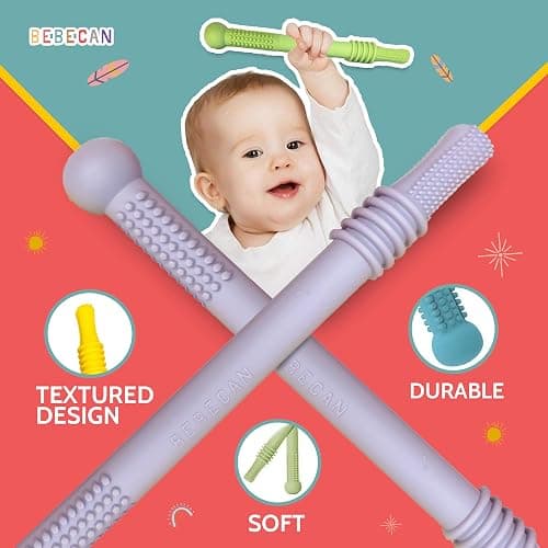 Bebecan Teething Sticks for Babies 0-36 Months – Super Soft Silicone Teething Aids, Infant Oral Soothing Relief, Multicolor 6-Pack thumbnail 3