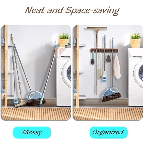 OUTNILI Mop Broom Holder Wall Mount with 3 Slots & 4 Hooks - Wood Broom Mop Hanger for Pantry Kitchen Organization - Garden Tool Organizer for Closet Laundry Room - for Rustic Farmhouse Kitchen Decor thumbnail 5