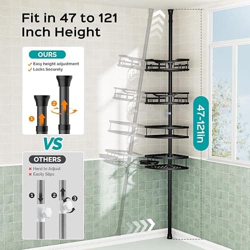 HAMITOR Corner Shower Caddy Tension Pole: High Capacity 4-Tier Rustproof Bathroom Organizer Shelves for Small Bathrooms - 47-121 inch Adjustable Floor Standing Bath Rack Holder - Black thumbnail 6