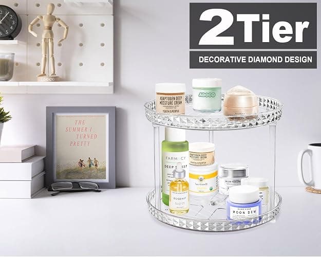 2 Tier Diamond Lazy Susan Bathroom Organizer Countertop, Clear 360 Rotating Cosmetic Makeup Organizer for Vanity, Skincare Organizers Perfume Organizer for Counter - Organization and Storage -9.25INCH thumbnail 2