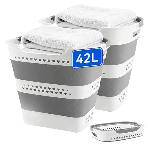 2 Pcs 42L Medium Collapsible Plastic Laundry Basket with Handles, Foldable Laundry Basket Hamper, Pop Up Storage Container Organizer for Washing Storage (Gery, 17 Inch * 13 Inch * 15 Inch) - Image 1