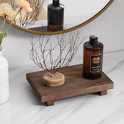 zoocatia Small Wood Tray Pedestal Stand Farmhouse Bathroom Decor Decorative Wooden Riser Kitchen Soap Dish Holder for Vanity, Counter, Sink, 9" x 5.9" - Walnut thumbnail 4