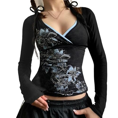 Y2k V Neck Floral Tops Women Fairy Grunge Vintage Long Sleeve Top 2000s Emo Graphic Cute Clothe - Image 1