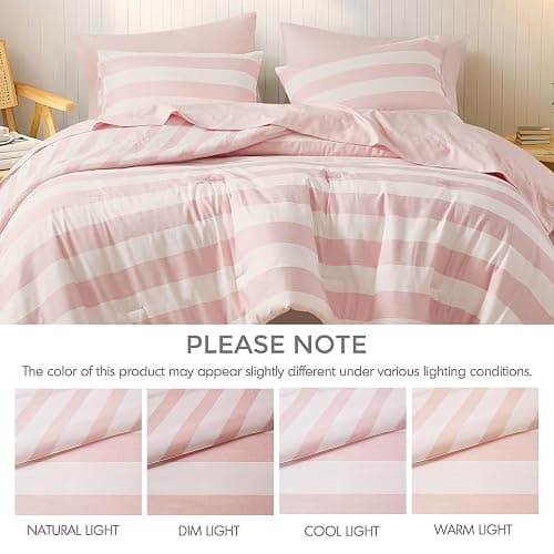 Reversible Striped Twin Comforter Set-Bed in A Bag 5-Pieces Bedding Set with Double-sided Stripes Design-Warm & Cozy Bed Set Includes Twin Size Comforter, Sheets Set, Pillowcase and Sham, Blush thumbnail 8