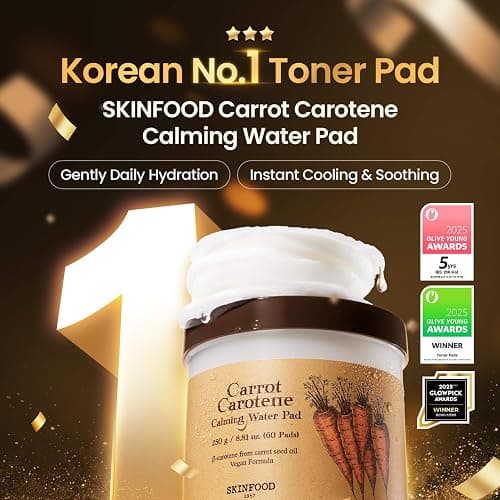 SKIN FOOD since 1957 Carotte Carotène Calmant Tampon d'eau 250g (8.81 oz.) 60 Sheets - Tampons en coton apaisants pour le visage anti-rougeurs pour peau sensible, végétalien, sans cruauté thumbnail 2