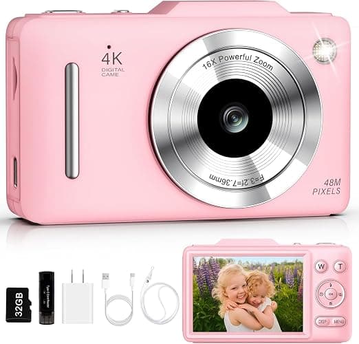 Digital Camera 4K for Kids-48MP Autofocus Vlogging Camera with 32GB Card, 16X Zoom, Anti-Shake, Compact Point and Shoot Camera for Teens Beginners, Birthday Gift Pink - Image 1