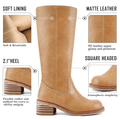 UBWDU Women's Knee High Boots Chunky Block Heel Long Boots Square Toe Low Heel Boots for Women thumbnail 4