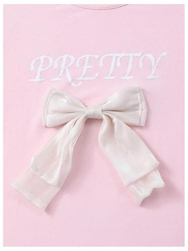 Verdusa Cute Outfits for Girls 10-12 Bows Summer Clothes Graphic Tees with Straight Leg Jeans Set - 8 Years - Pink thumbnail 3
