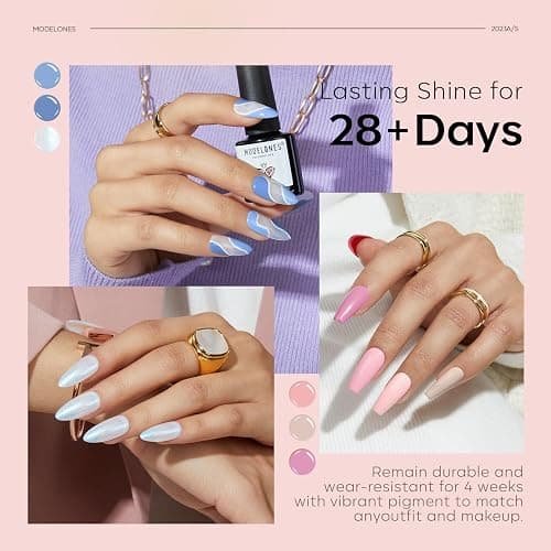 Modelones 32 Pcs Gel Nail Polish Kit, 28 Colors Gel Polish Kit with Glitter Glossy & Matte Top Base Coat Nude Pink Blue Purple Glitter Nails Gifts for Women DIY Salon Home thumbnail 4