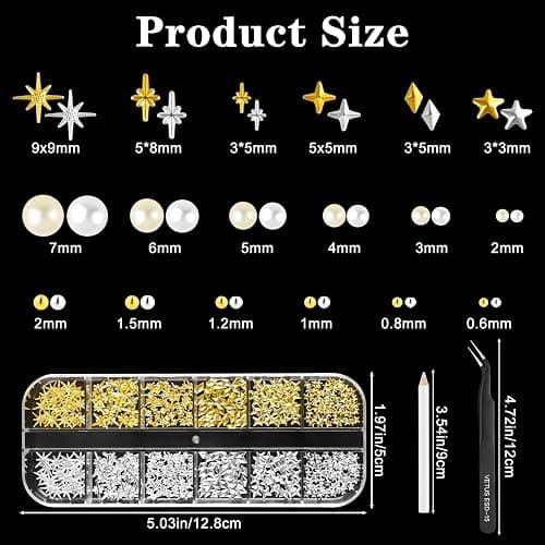 NEBURORA Gold and Silver Caviar Nail Art Beads Pearls Metal Nail Art Set | Flat-Back Pearls (White + Beige) , Multi-Shape Metal Nail Art Gemstone Set, with Tweezers and Pickup Pen, Mixed Sizes 0.6-2mm thumbnail 3
