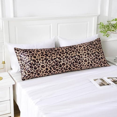 MR&HM Satin Body Pillow Cover, Soft and Breathable Body Pillow Case with Envelope Closure, Cooling and Silky Long Pillowcase for Hair and Skin,Grey (20x54, Brown Leopard) thumbnail 2