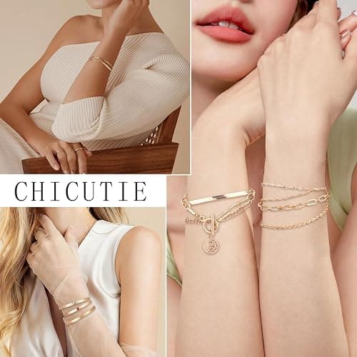 CHICUTIE Gold Jewelry Set For Women,14k Gold Plated Multi Layer Necklaces Bracelets Hoop Earrings Set Stackable Knuckle Rings, Trendy Elegance Charms Non Tarnish Minimalist Textured Boho Jewelry Gift thumbnail 3