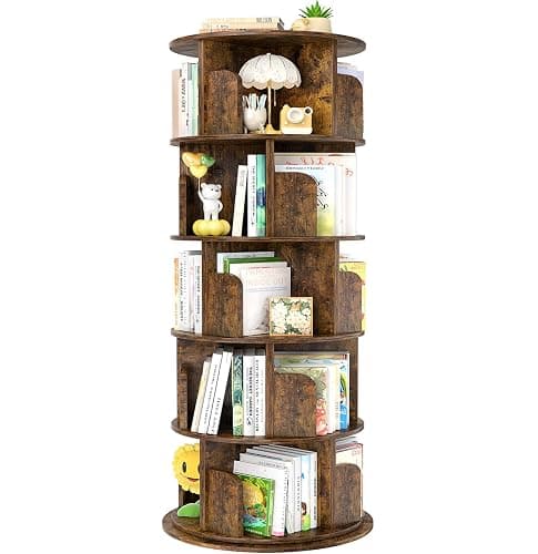 Aheaplus Rotating Bookshelf, 360 Display Wood Spinning Bookshelf Tower, 5 Tier Floor Standing Bookcase Storage Rack, Revolving Bookcase Corner Bookshelfs for Small Space, Study, Bed Room, Rustic Brown - Image 1