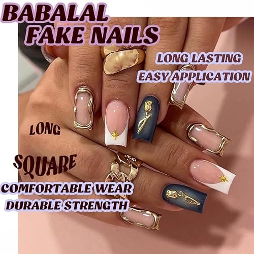 BABALAL Press on Nails Long Square Fake Nails Black Glue on White French Tip 3d Gold Chrome Texture Design Rose Charm Vintage Acrylic False Nails Y2k Fall Manicure Handmade Stick on Squoval Nails thumbnail 5