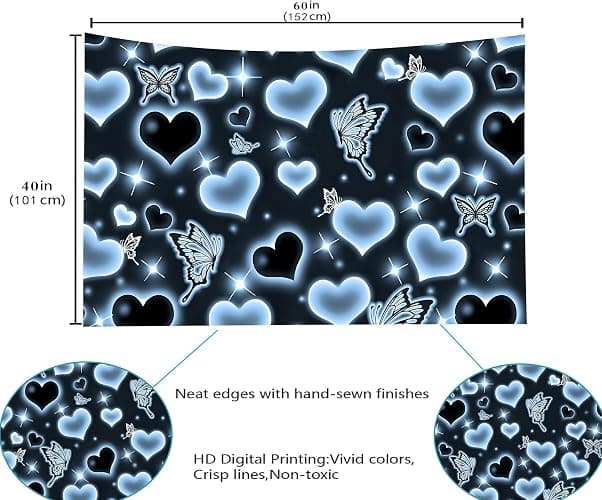 MEETSIOY Cute Black Blue Heart Tapestry Fantasy Blue Butterfly Aesthetic Tapestry Hippie 2000s Y2K Teen Girls Tapestries Wall Hanging for Women Nursery Bedroom Living Room Bedroom College Dorm thumbnail 7