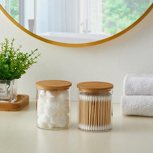 INIUNIK Glass Qtip Holder Dispenser with Bamboo Lid - 2 Pack Apothecary Jars - Cotton Balls Pads Swabs Holder Jar - Bathroom Vanity Canisters Jars for Countertop Storage and Organization thumbnail 2