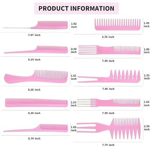 10 Pcs Professional Styling Comb Set - Coarse and Fine Toothed Pick Combs for Hairstyling thumbnail 2