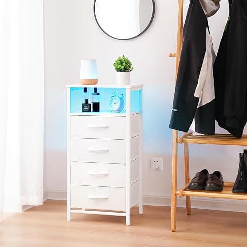 Yoobure Night Stand - LED White Nightstand with Charging Station, Bedside Table with 4 Storage Drawers and Storage Shelf, End Table with USB Ports and Outlets, Tall Dresser for Bedroom - White thumbnail 2