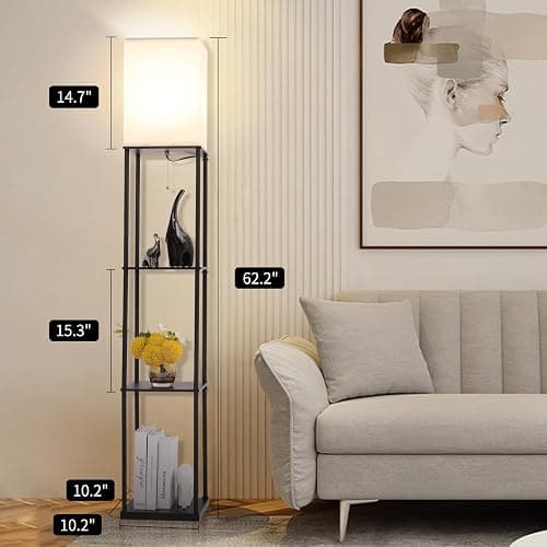 Gupuzm Floor Lamp with Shelves, Modern Square Standing Lamp with 3 Color Temperature Bulb, Corner Display Bookshelf Lamp for Living Room, Bedroom and Office (Black) thumbnail 7
