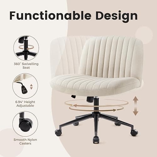 IWMH Armless Office Chair, Desk Chairs with Wheels,Ergonomic Criss Cross Legged Chair with Fabric Padded,Height Adjustable Wide Seat Computer Chairs,Mid-Back Swivel Vanity chair for Home Office(Beige) - Beige With Wheels thumbnail 6