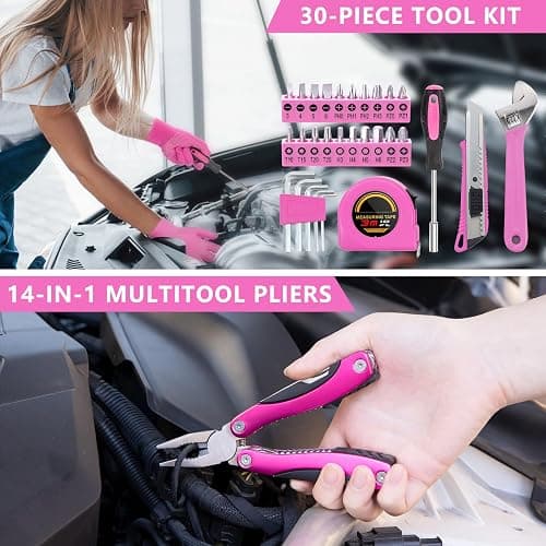 HLWDFLZ Car Emergency Kit with Portable Air Compressor - Roadside Assistance Emergency Kit with Jumper Cables, First Aid Kit, Auto Tool Set, Winter Safety Kit for Women, Men, Teen (Pink) thumbnail 5
