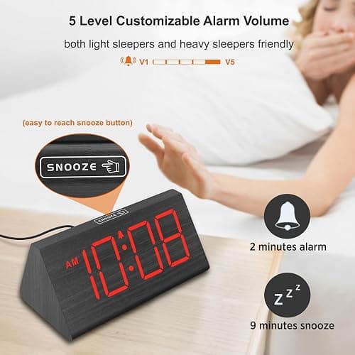 DreamSky Wooden Digital Alarm Clocks for Bedrooms - Electric Desk Clock with Large Red Numbers, USB Port, Battery Backup Alarm, Adjustable Volume, Wood Décor, Dimmer, Snooze, DST (Adapter Powered) thumbnail 7