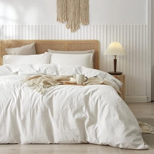 LIFETOWN 100% Washed Cotton Duvet Cover Set Linen Feel Natural Wrinkle Lightweight Comfy (Queen, White) - Image 1