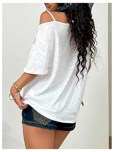 SOLY HUX Women's Cold Shoulder Tops Short Sleeve Oversized Graphic Tee Shirts Y2K Festival Outfits Streetwear thumbnail 3