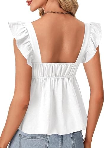 Rooscier Women's Square Neck Ruffle Cap Sleeve Ruched Peplum Babydoll Blouse Tank Tops thumbnail 5