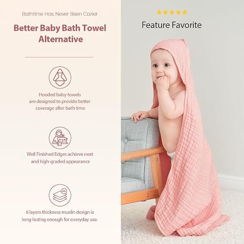 Unnivoll Hooded Baby Towels for Newborn - 2 Pack, 100% Muslin Cotton, Baby Bath Towels with Hood, Soft and Absorbent for Girls Infant, Toddler and Kids, Large 32x32 Inches, Newborn Essential thumbnail 5