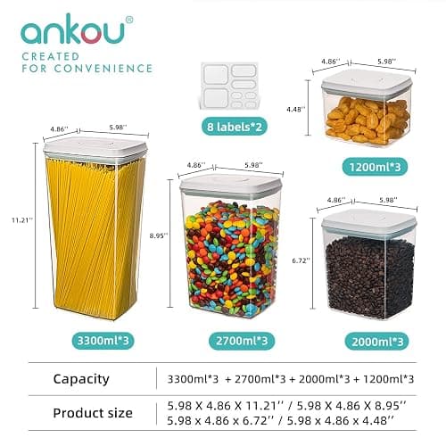 Ankou Pop Airtight Food Storage Containers with Lids for Kitchen Pantry Organizing Stackable Container for Cereal Snack Flour Sugar Coffee Spaghetti -12 Pcs(1.2, 2.0, 2.7, 3.3qt)*3 thumbnail 2