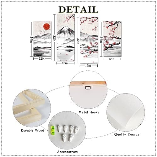 LyerArtork 4 Panel Japanese Ink Painting Wall Art Mount Fuji with Moon Pictures Wall Decor Cherry Blossom Canvas Print Japan Traditional Artwork for Living Room Bedroom Decoration thumbnail 6