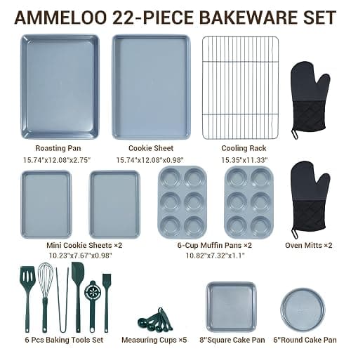 Ammeloo 22-Piece Baking Pans Set Stackable Bakeware Non Stick Baking Set Non Toxic Oven Pans, Including Roasting Pan, Cookie Sheets, Muffin Pans, Cake Pans, Oven Mitt and Utensils(Gray & Hunter Green) thumbnail 3