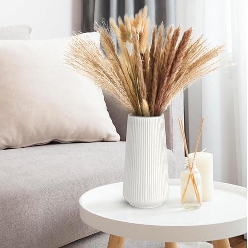 White Ceramic Vase, GUKJOB Small Cute Flower Vase for Pampas Grass, Home, Living Room, Dining Table, Farmhouse, Office Decor, Bedroom, Table, and Kitchen Shelf (White) thumbnail 5