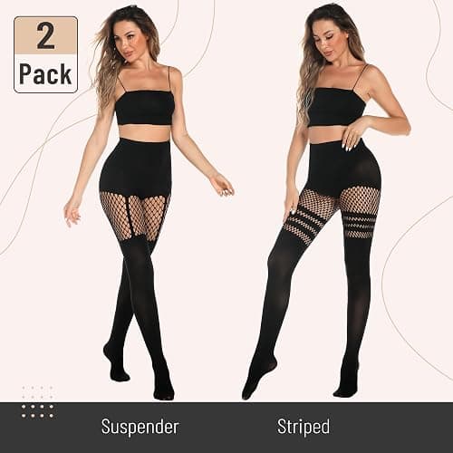 MANZI Womens Faux Thigh High Fishnet Stockings Stitching Opaque Pantyhose Mock Over the Knee Goth Striped Suspender Tights thumbnail 2