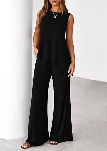 PRETTYGARDEN Women's 2026 Two Piece Matching Lounge Sets Asymmetrical Split Tank Tops Wide Leg Pants Summer Outfits Tracksuit thumbnail 4