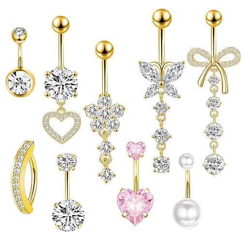 14G Belly Button ring Dangle Belly Rings Surgical Stainless Steel Cute Bow Butterfly Heart Flower Dangling Belly Button Piercing Jewelry For Women Silver Dainty Dangly Navel Ring thumbnail 7