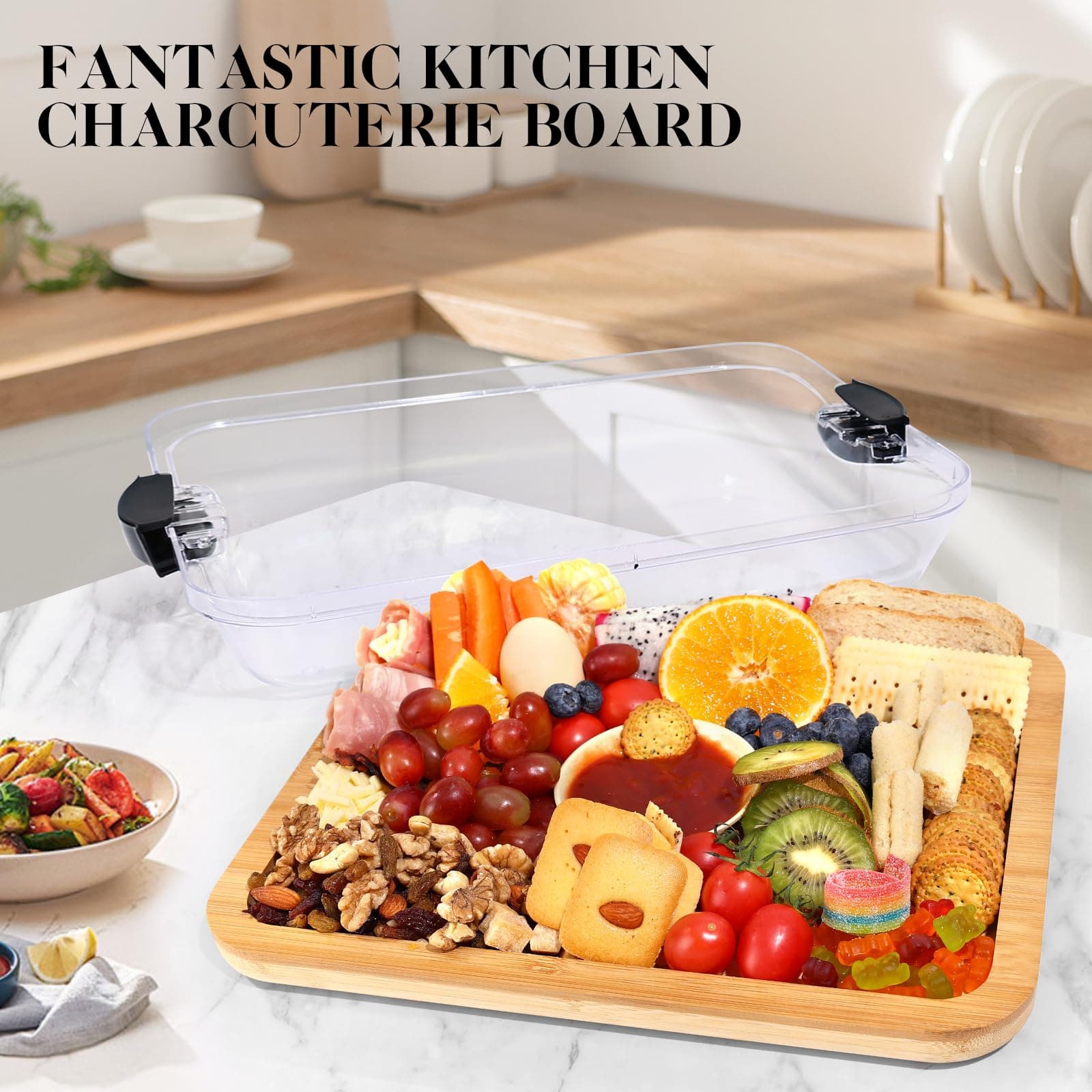 Feshory Premium Charcuterie Board with Clear Locking Lid for Appetizers & Snacks - Cheese Bamboo Board, Serving Tray Ideal for Food Lovers and Parties thumbnail 5