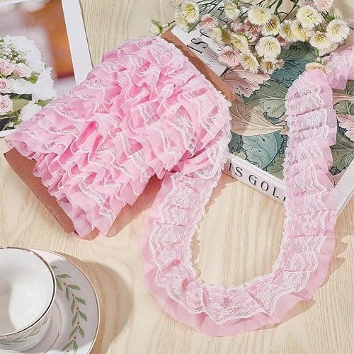 GORGECRAFT 11 Yards Pink Double-Layer Pleated Chiffon Lace Trim 5cm Wide 2-Layer Gathered Ruffle Trim Edging Tulle Trimmings Fabric Ribbon Jacquard lace for DIY Sewing Crafts Pillowcase Embellishments thumbnail 5