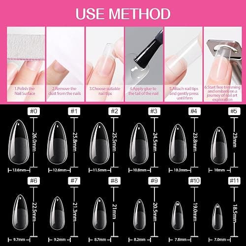 UNA GELLA Almond Gel Nail Tips, 504PCS Pre Etched Clear Fake Nails Tips Medium Almond Shape - 12 Sizes Full Cover Soft Acrylic Press On Nail Extensions No C Curve Gift for Diy at Home - A0-Medium Almond thumbnail 7